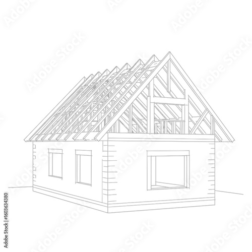 An architectural blueprint of a house under construction, showcasing the timber framing and roof structure in a detailed line drawing on a white background.
