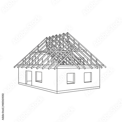 An architectural line drawing illustrates the skeletal structure of a house roof truss system during the early stages of construction.