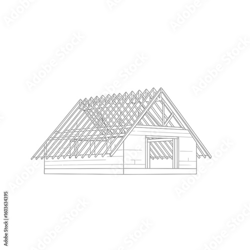 Illustration showcases the framework of a house under construction, highlighting the structural elements and design in a minimalist, architectural style.