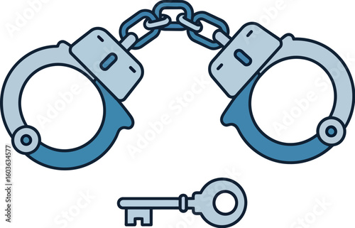 Illustration of blue handcuffs connected by a chain with a key below on a white background space
