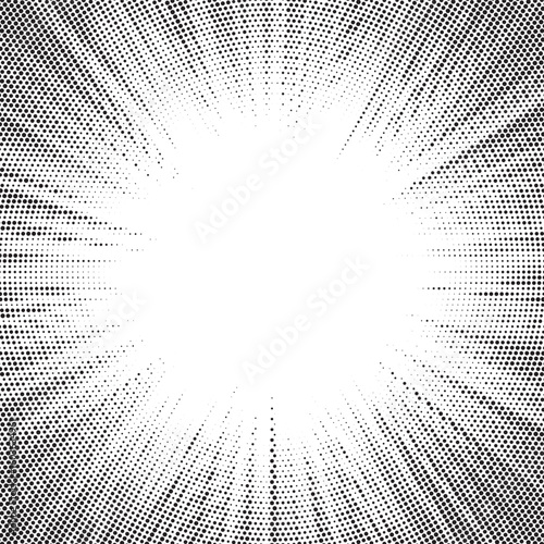 Sun rays Radial halftone background. Greyscale radial abstract comic pattern. Vector explosion abstract lines texture.  Vector illustration.