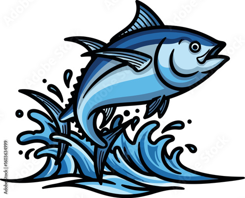 Illustration of a blue tuna fish jumping out of the water with splashing waves on a white background