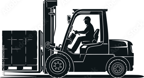 A monochrome illustration of a forklift carrying a pallet with a driver in the seat shown in profile