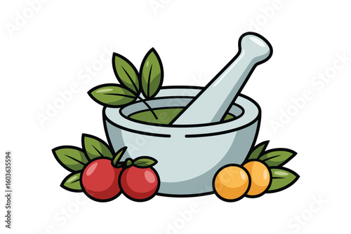 Mortar and pestle with fresh herbs and berries