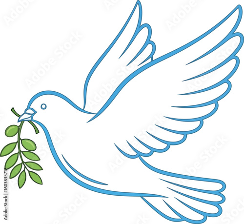 A stylized blue and white dove carrying a green olive branch on a plain white background art