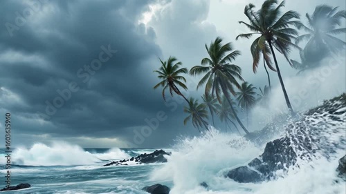 Dramatic coastal scene of stormy seas and palm trees during a hurricane