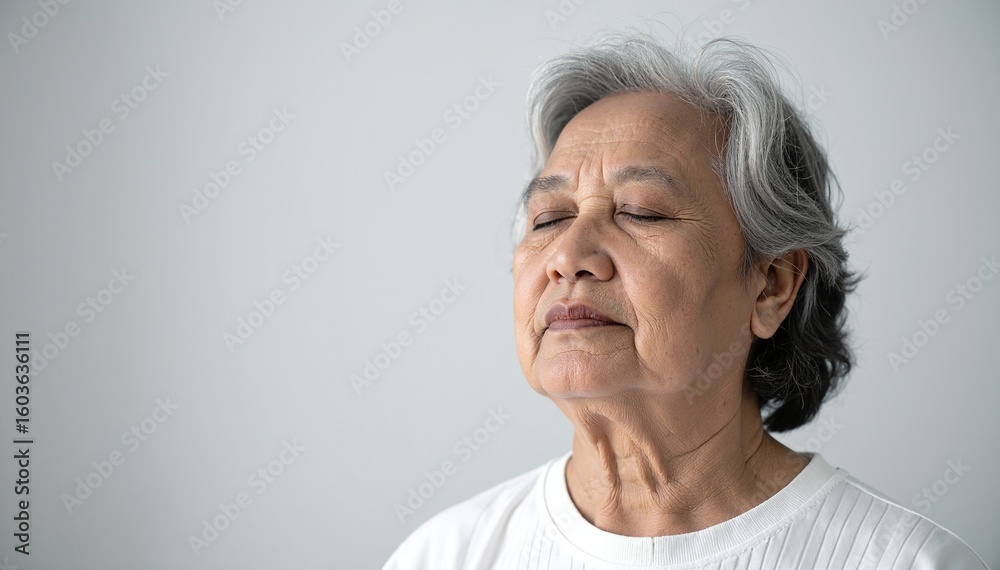 A woman with elegant grey hair styled in soft waves, wearing a cozy cream sweater, smiles warmly while sitting in a sunlit room filled with plants. A woman with elegant grey hair styled in soft waves, wearing a cozy cream sweater, smiles warmly while sitting in a sunlit room filled with plants.