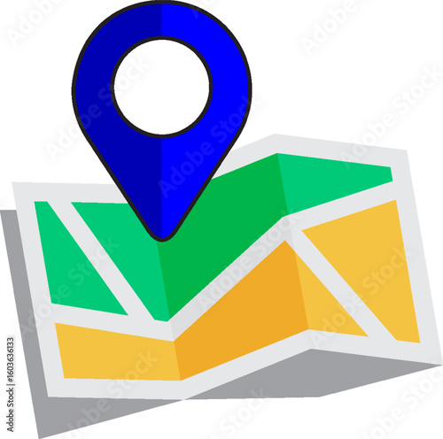 Flat vector illustration of a folded map with a red location pin marker, ideal for GPS, navigation, travel apps, and geolocation concepts.