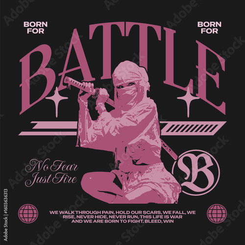 Urban Streetwear T-shirt Design, Born For Battle Poster, Graphic Tee Print Art, Masked Warrior Urban Tee
