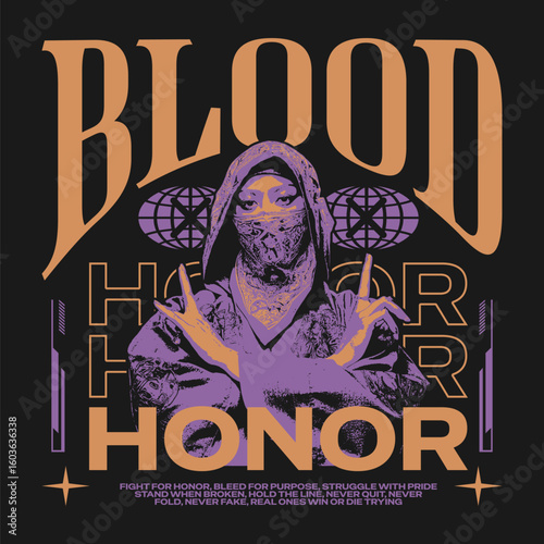 Urban Streetwear T-shirt Design, Blood Honor Poster Art, Graphic Tee Print Design, Masked Figure Urban Tee