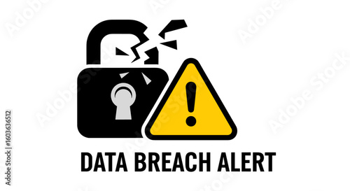 An urgent data breach alert is visually represented by a cracked padlock and a prominent yellow warning triangle, symbolizing compromised digital security.