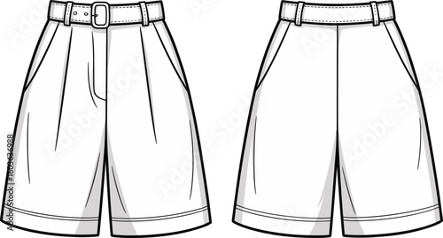 High-waisted pleated denim shorts, stylish summer fashion design, comfortable fit, front and back view, detailed garment illustration, women’s apparel