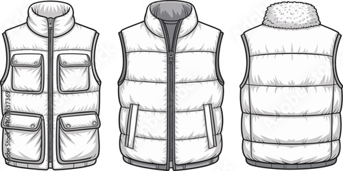Modern sleeveless puffer vest design, high-quality vector illustration, white color, front and back view, insulated winter fashion, zipper outerwear