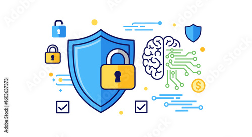 Modern flat vector illustration depicting cybersecurity with a shield, padlock, brain, and circuit board, representing data protection and artificial intelligence.