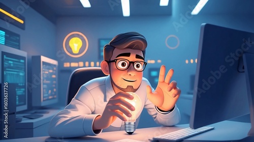Creative Businessperson Holding Glowing Lightbulb with Laptop – Concept of Innovation, Energy Efficiency, and Financial Growth.