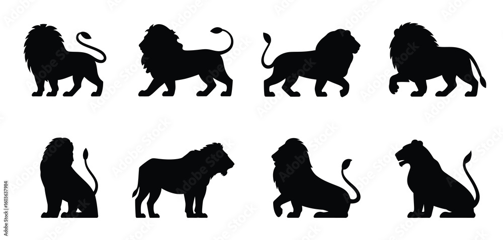 Fototapeta premium Collection of diverse lion silhouettes in various poses