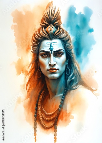 Watercolor Illustration of Lord Shiva for Maha Shivratri – Hindu Festival Greeting Card and Spiritual Shaivism Concept.

