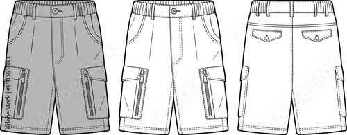 Utility cargo shorts with lace-up sides, zipper pockets, waistband design, fashionable technical sketch, front and back view garment illustration
