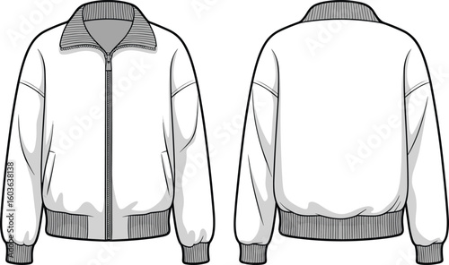 Schilderij op canvas White bomber jacket front and back view, stylish fashion illustration, ribbed cu