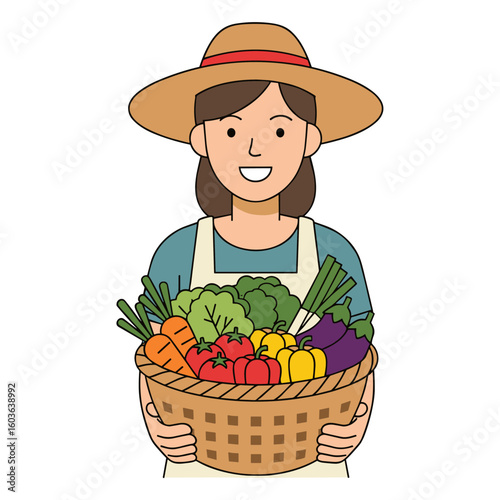 A cheerful female farmer wearing a straw hat and apron, holding a basket overflowing with freshly harvested, colorful, and healthy vegetables, promoting organic farming.