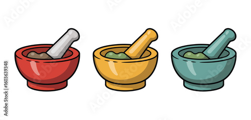 Colorful cartoon mortars and pestles for grinding herbs and spices