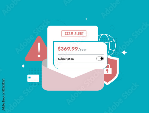 Subscription renewal scam warns users via fake payment reminders to steal credentials. Subscription renewal scam fraud in billing notifications sent through deceptive email channels illustration
