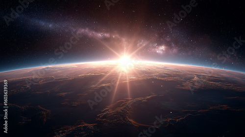 Sun Rising in Deep Outer Space with Distant Planet Horizon and Solar Flare, Realistic Cosmic Light Scene with Stars and Nebula in Background