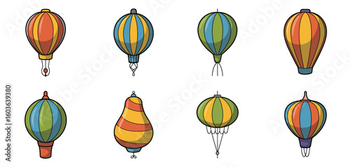 Collection of colorful hot air balloons in various shapes and designs