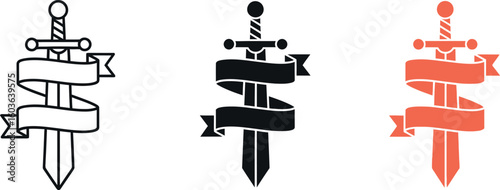 Three sword illustrations each with a ribbon wrapped around it in different color variations