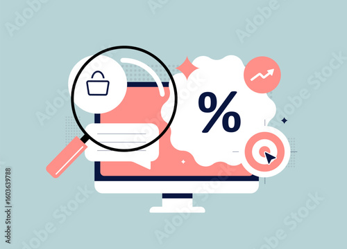 Conversion rate optimization with ecommerce analytics and user behavior tracking. Conversion rate optimization with performance metrics and product targeting for online sales vector illustration