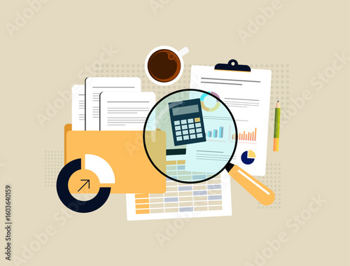 Financial audit and business analysis concept. Financial audit documents, spreadsheet, magnifying glass and calculator. Business accounting, budget planning, data review and reporting illustration