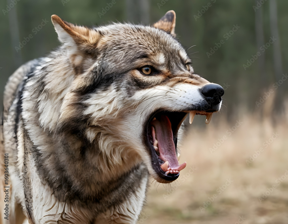 Fototapeta premium Portrait of a furious gray wolf. An angry wolf is roaring in the forest. Digital art. A wild animal. wolf in the snow.