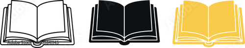Three open book icons in line art, solid black, and solid yellow on a white background illustration