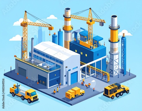 Isometric view of a modern industrial complex under construction.  Workers are active around various buildings, trucks, cranes, and equipment.  Colorful, flat style