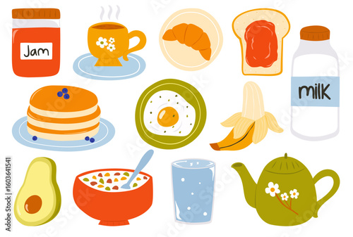 Morning Breakfast Elements Collection. Colorful Morning Breakfast Items in Cartoon Handdrawn Style. Healthy Breakfast Food Flat Illustration Set