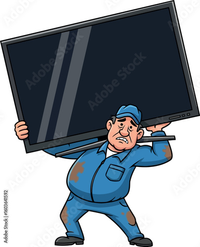 A cartoon man in blue overalls carrying a large flat screen television on his shoulders showing strain
