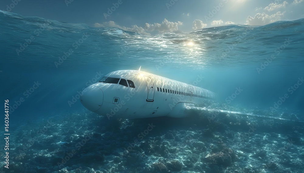 Fototapeta premium An airplane submerged underwater, surrounded by serene ocean waves.