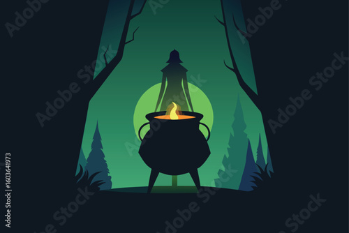Dark trees hiding creepy shadowy creatures vector illustration