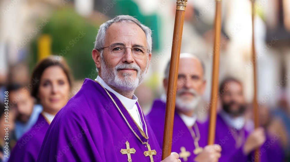 Obraz premium Young and old united in purple robes, holding wooden staffs in a religious ritual through Spanish cityscape