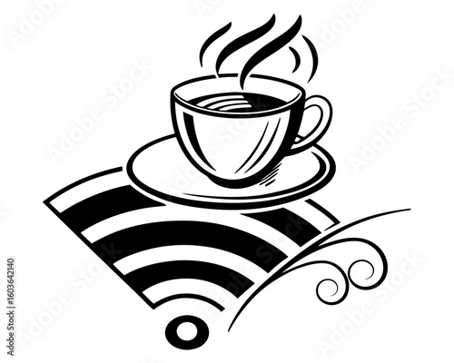 Hot coffee cup sitting on wi fi symbol silhouette