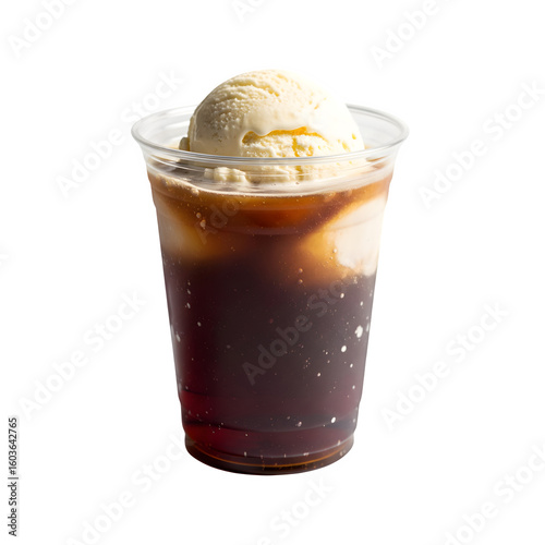 A root beer float served in a transparent plastic cup against a white backdrop