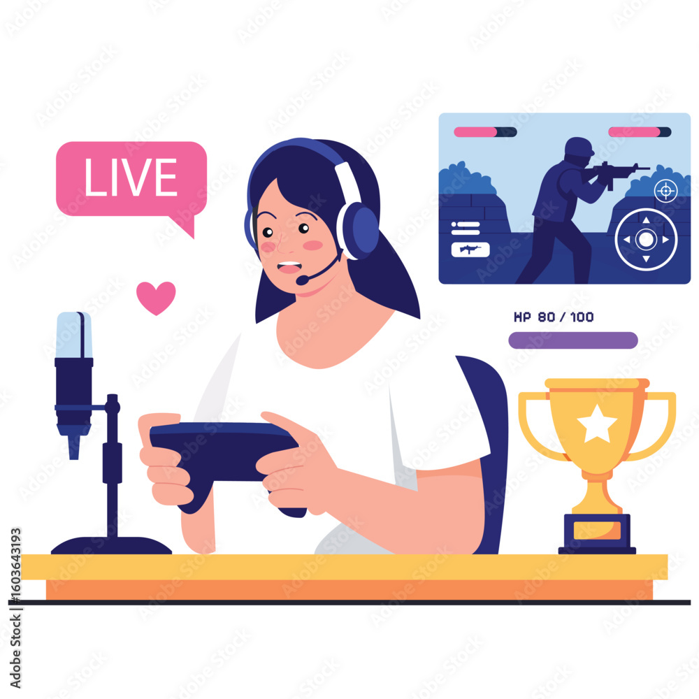 E-sport Activity Illustration. Vector illustration of A female gamer live streaming a shooting game while speaking to her audience with excitement. Isolated on background