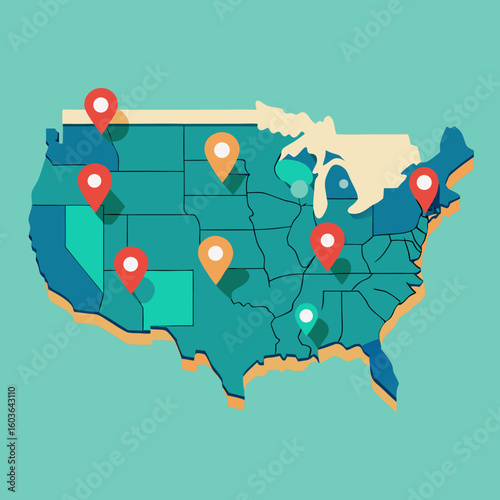 Minimal USA map with location pins icon vector