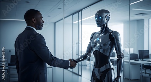 A businessman shaking hands with a humanoid robot in a modern office space
