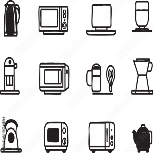 A collection of kitchen appliances and cooking tools arranged in a grid pattern on a white background
