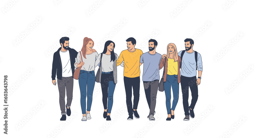 Obraz premium Diverse group of friends walking together, smiling and laughing with arms around each other