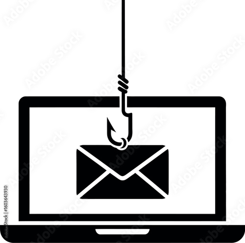 A black and white graphic of a laptop with a phishing hook and email symbol on the screen image