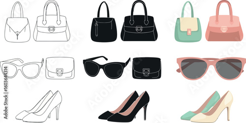 A collection of fashion accessories including handbags sunglasses and high heel shoes in various styles