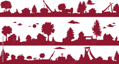 Charming village silhouettes depict rural life with houses, trees, people, and unique structures.