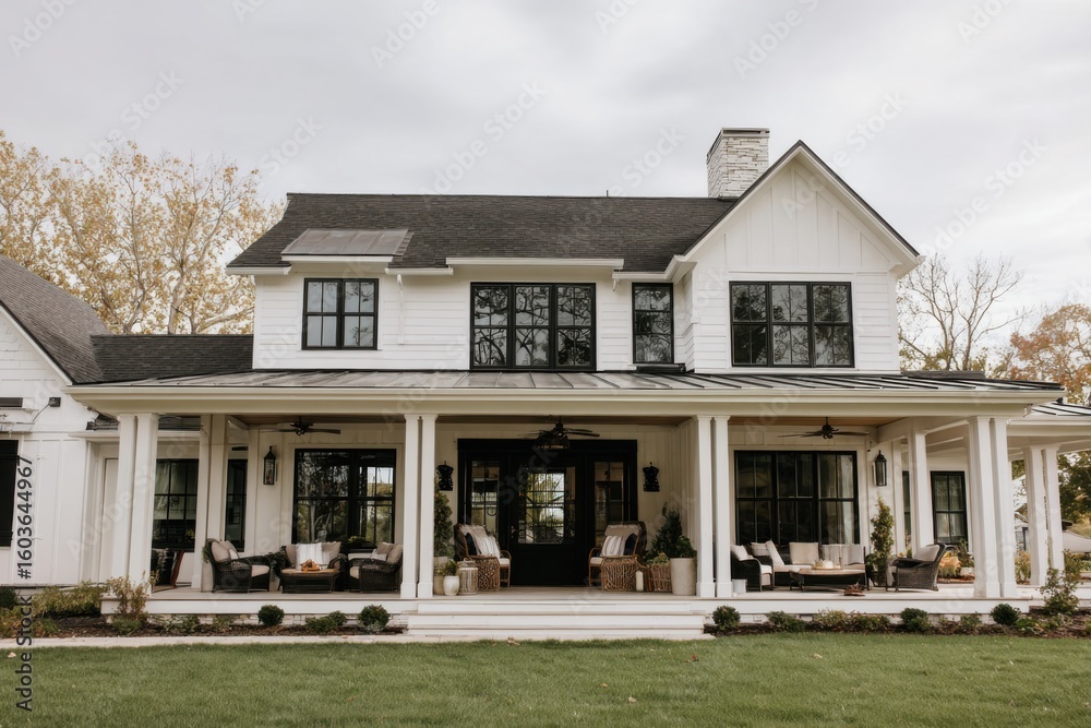 Obraz premium Modern farmhouse with large porch in a tranquil suburban setting, inviting outdoor seating perfect for relaxing and enjoying nature